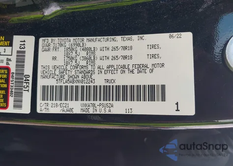 2022 Toyota Tundra Sr5 z USA, uszkodzony, nr VIN 5TFLA5ABXNX012243